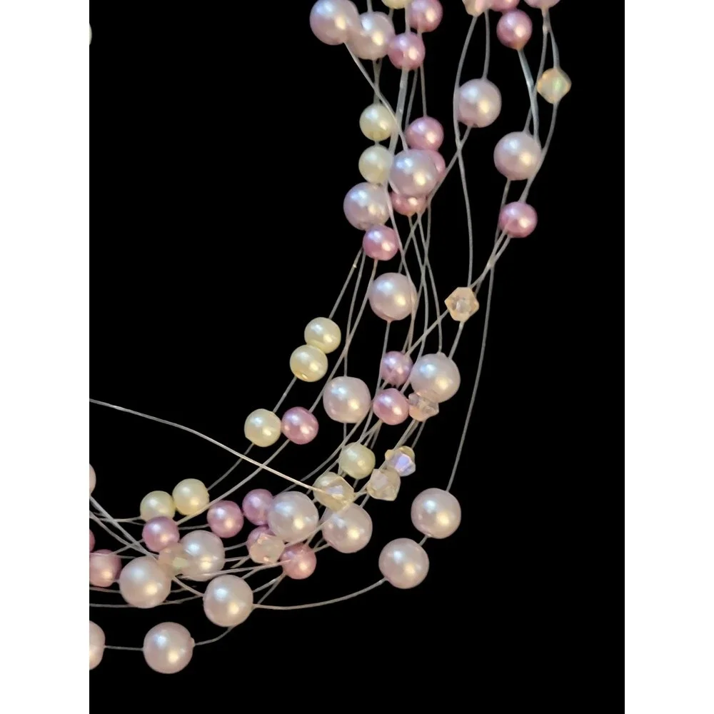 Kissaka Faux Pearl Crystal Illusion Multi Strand Necklace Pink White 15